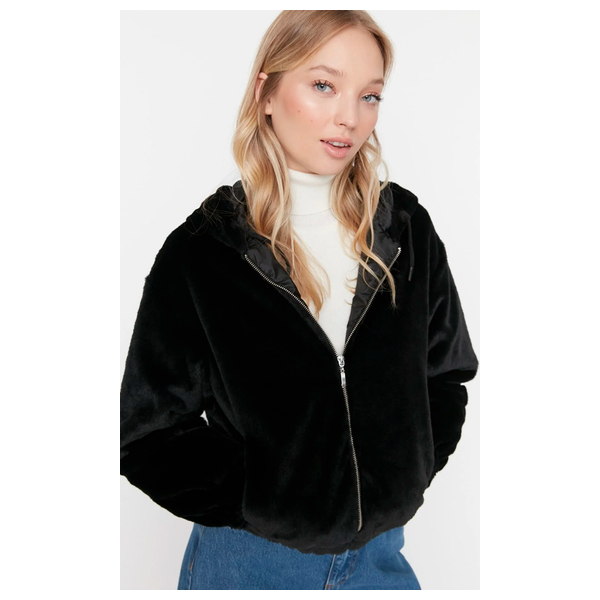 Trendyolmilla Oversize Hooded Plush Coat - Black