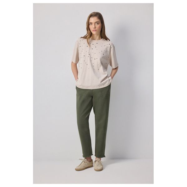 STONE EMBROIDERED T-SHIRT - Beige / M