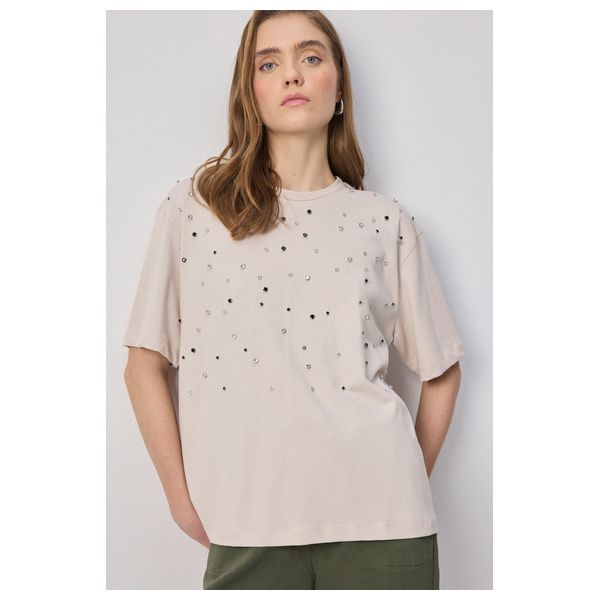 STONE EMBROIDERED T-SHIRT - Beige / M