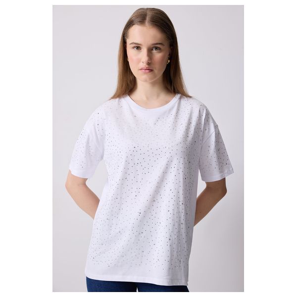 STONE DETAILED BASIC T-SHIRT - White / M