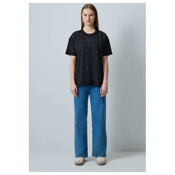 STONE DETAILED BASIC T-SHIRT - Black / M