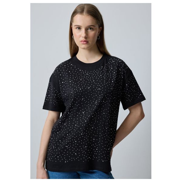 STONE DETAILED BASIC T-SHIRT - Black / M