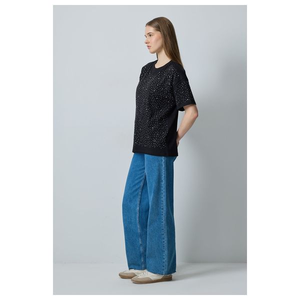 STONE DETAILED BASIC T-SHIRT - Black / M