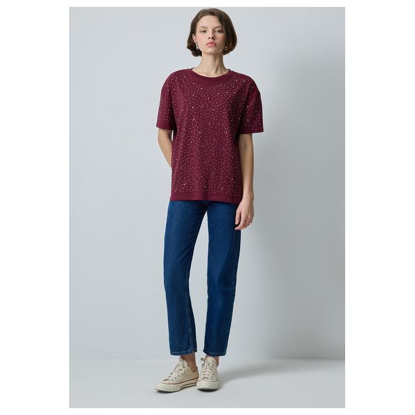 STONE DETAILED BASIC T-SHIRT - Burgundy / L