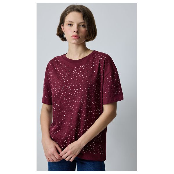 STONE DETAILED BASIC T-SHIRT - Burgundy / M
