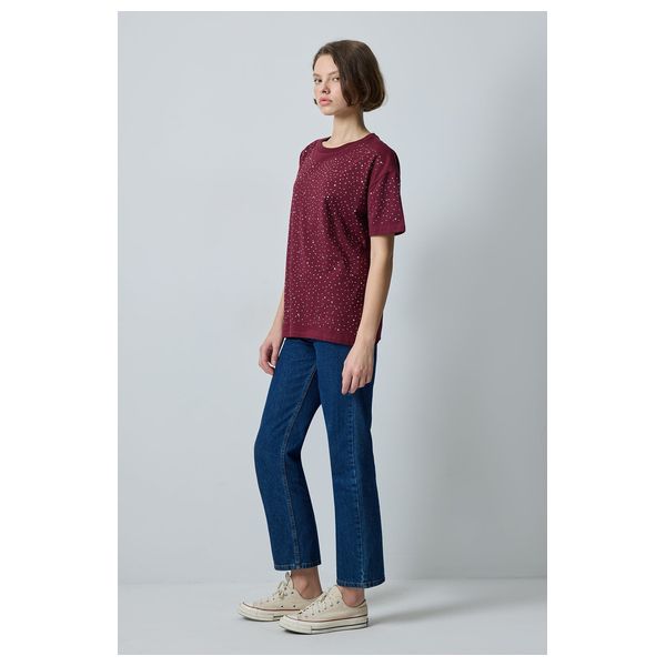 STONE DETAILED BASIC T-SHIRT - Burgundy / L