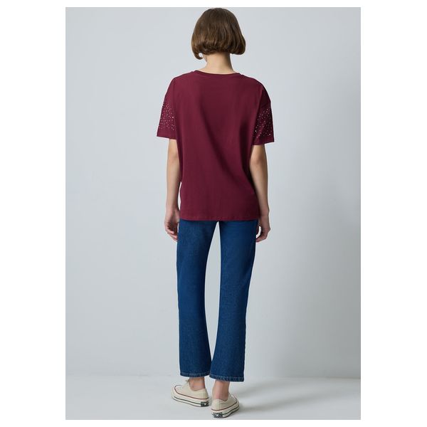 STONE DETAILED BASIC T-SHIRT - Burgundy / M