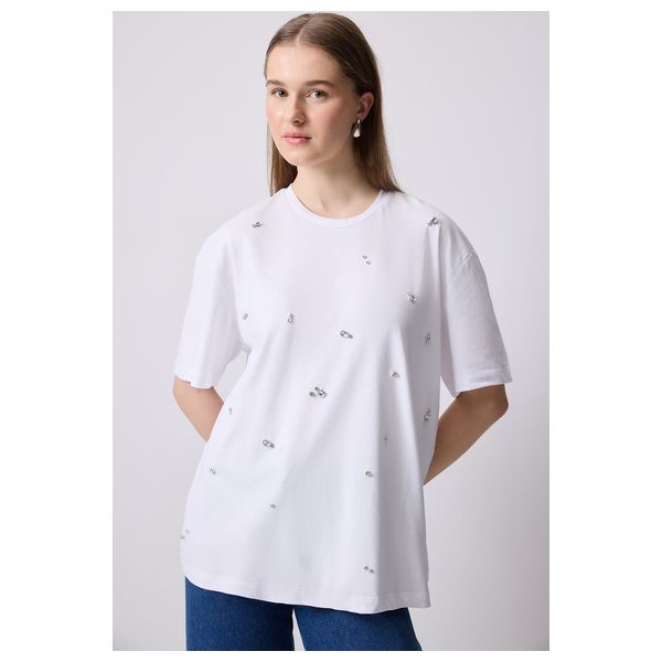 STONE WORK OVERSIZE T-SHIRT - White / L
