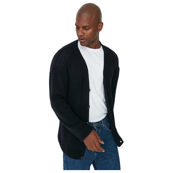 Trendyol Man Men's Oversize Wide Cut V-Neck Textured Cardigan - Navy