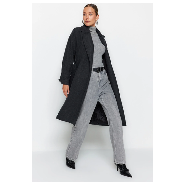 Trendyolmilla Women’s Round Belt Long Wool Cashmere Coat - Black
