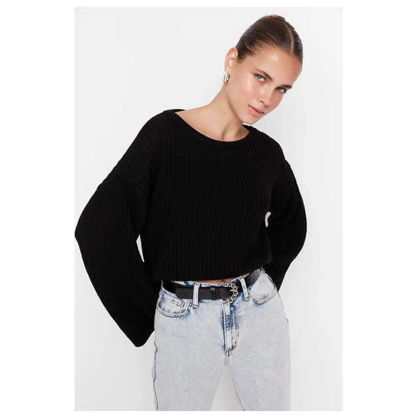 Trendyolmilla Women’s Crop Spanish Sleeve Knitwear Sweater - Black