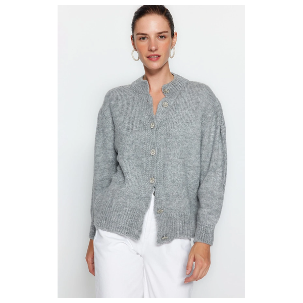 Trendyolmilla Women’s Soft Textured Jewel Buttoned Knitwear Cardigan - Gray