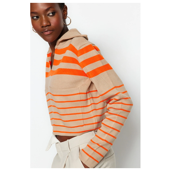 Trendyolmilla Women’s Crop Striped Polo Neck Knitwear Sweater - Beige