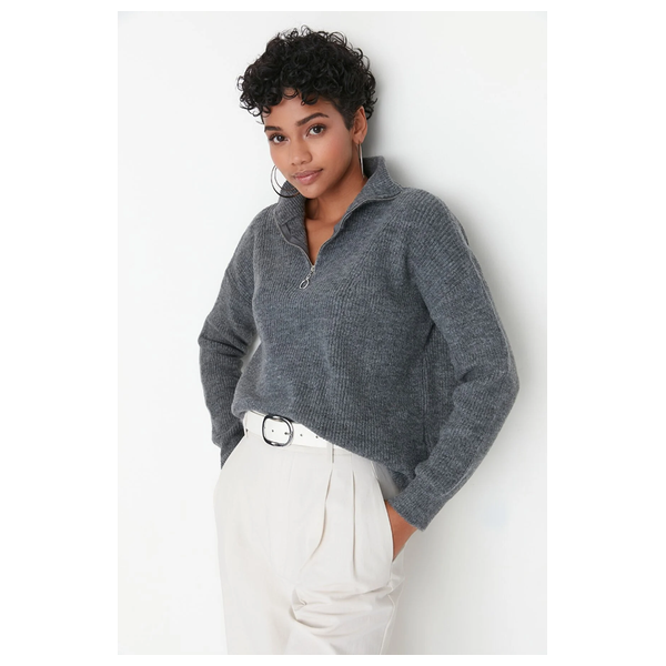 Trendyolmilla Women’s Soft Textured Zippered Knitwear Sweater - Gray