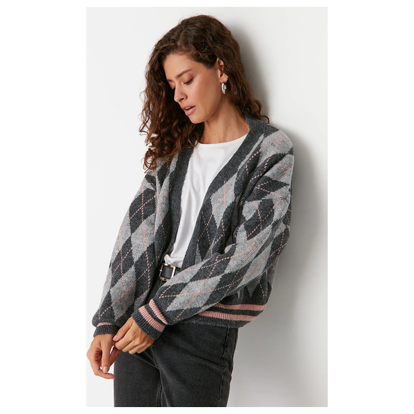 Trendyolmilla Women’s Wide Fit Soft Textured Diamond Patterned Knitwear - Gray