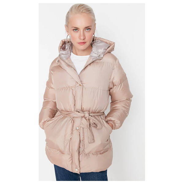 Trendyolmilla Women's Hooded Belted Water Repellent Puffer Coat - Pink