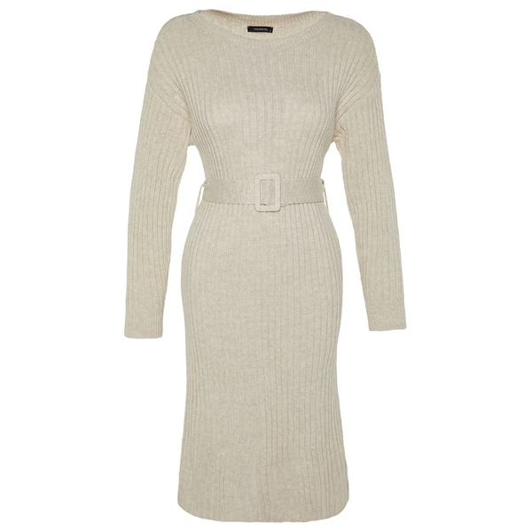 Trendyolmilla Mini Knitwear Belted Dress - Beige