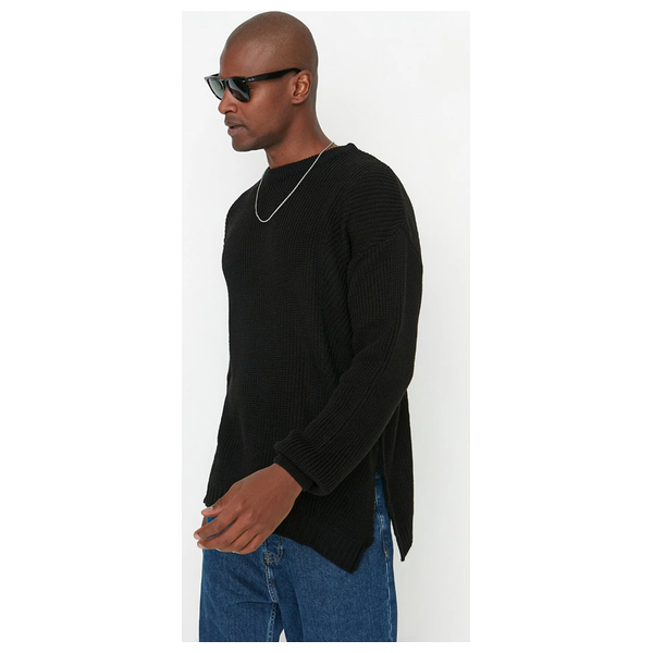 Trendyol Man Men's Oversize Fit Wide Fit Crew Neck Slit Knitwear Sweater - Black