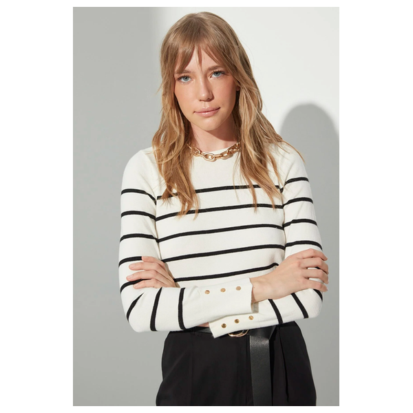 Trendyolmilla Women’s Premium Yarn/Special Yarn Striped Knitwear Sweater - White