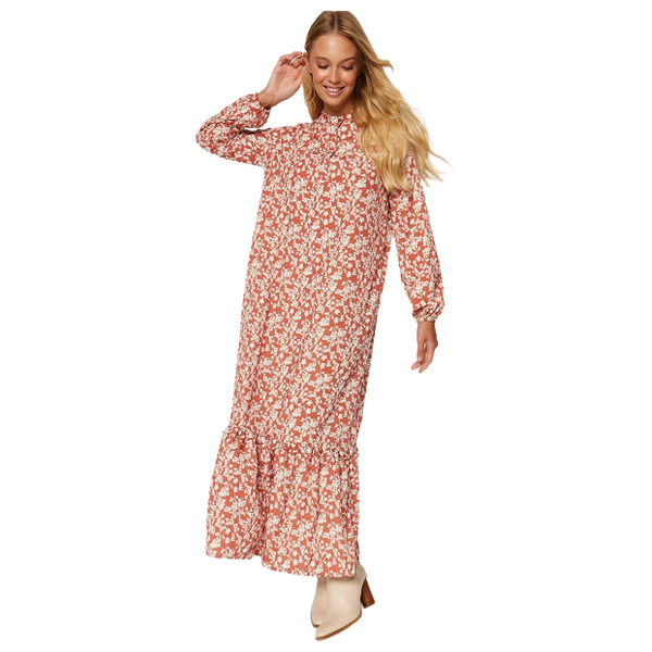 Trendyol Modest Women's Patterned Half Patchwork Ruffled Hem Lined Woven Dress - Red