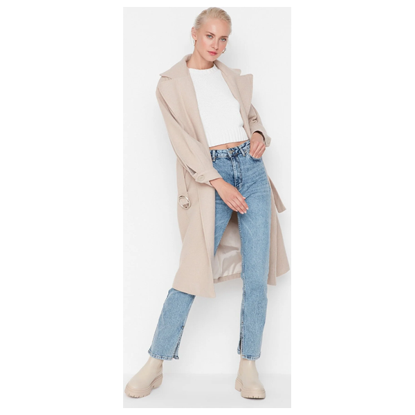 Trendyolmilla Women’s Round Belt Long Wool Cashmere Coat - Beige