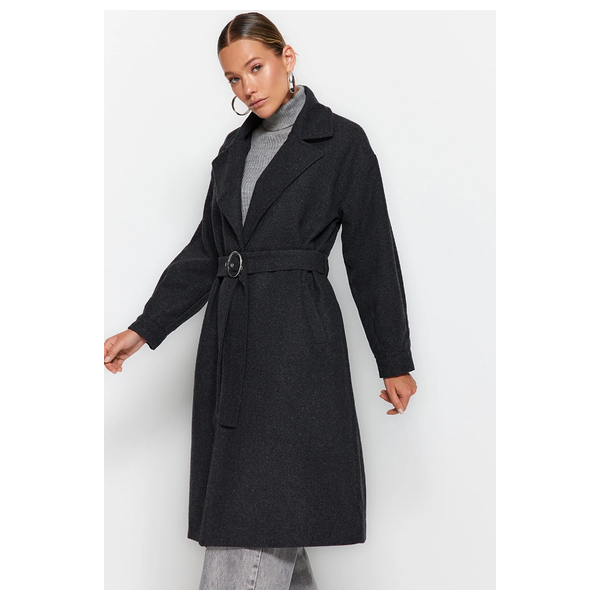 Trendyolmilla Women’s Round Belt Long Wool Cashmere Coat - Black
