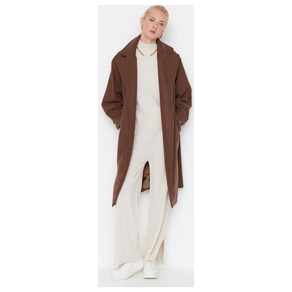 جاكيت نسائي ترينديول ميلا صوف وكشمير طويل - بني