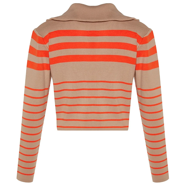Trendyolmilla Women’s Crop Striped Polo Neck Knitwear Sweater - Beige
