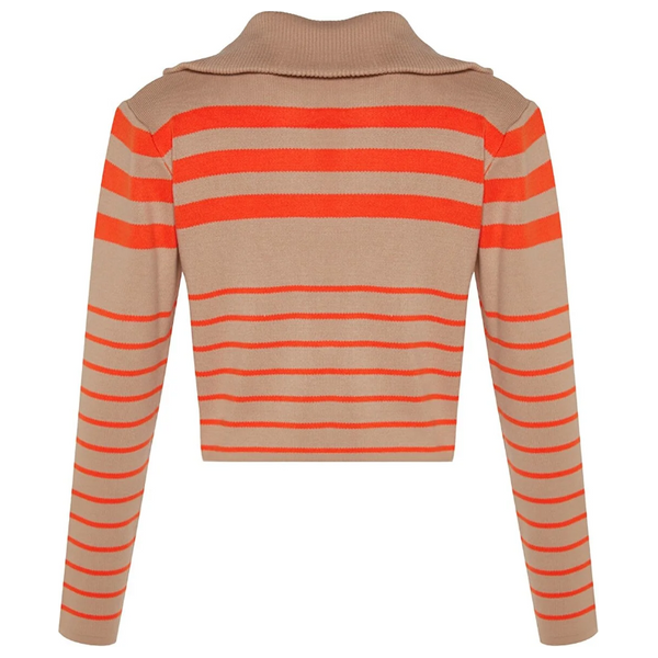 Trendyolmilla Women’s Crop Striped Polo Neck Knitwear Sweater - Beige
