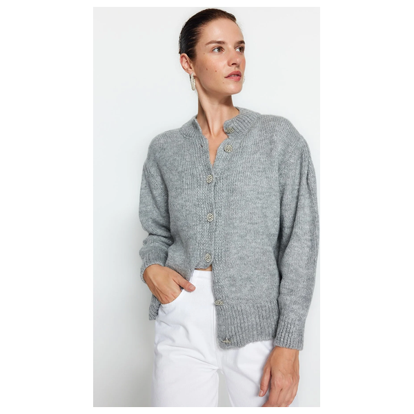 Trendyolmilla Women’s Soft Textured Jewel Buttoned Knitwear Cardigan - Gray