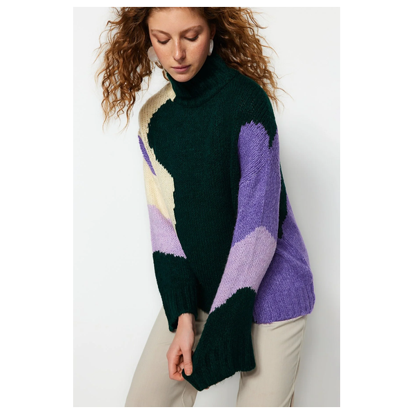 Trendyolmilla Women’s Soft Textured Color Blocked Knitwear Sweater - Emerald Green