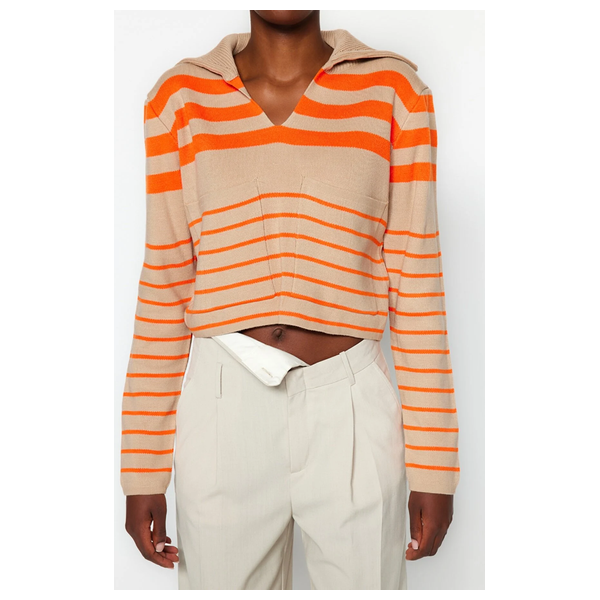 Trendyolmilla Women’s Crop Striped Polo Neck Knitwear Sweater - Beige