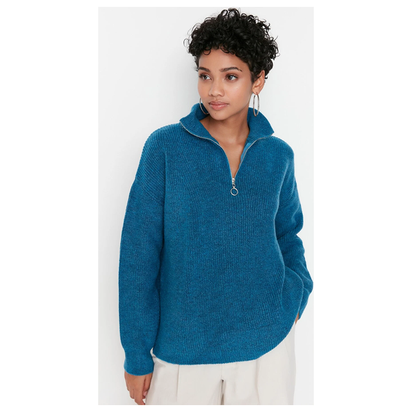 Trendyolmilla Women’s Soft Textured Zippered Knitwear Sweater - Blue