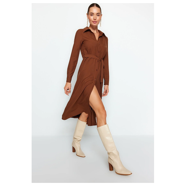 فستان نسائي ترينديول ميلا قبة قميص - بني