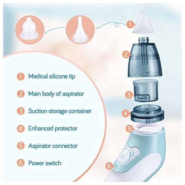 بوباكير منظف أنف كهربائي ومزيل شمع الأذن مع  شفط مخاط قابلة لإعادة الاستخدام للأطفال حديثي الولادة والأطفال الصغار والرضع - 4 فوهات