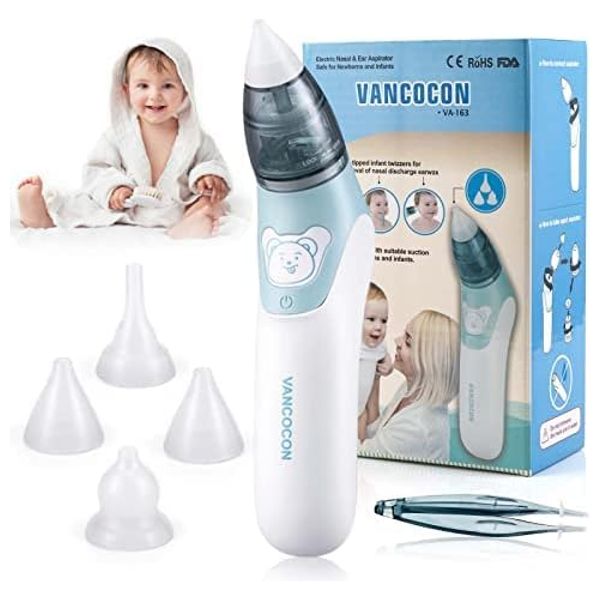 بوباكير منظف أنف كهربائي ومزيل شمع الأذن مع  شفط مخاط قابلة لإعادة الاستخدام للأطفال حديثي الولادة والأطفال الصغار والرضع - 4 فوهات