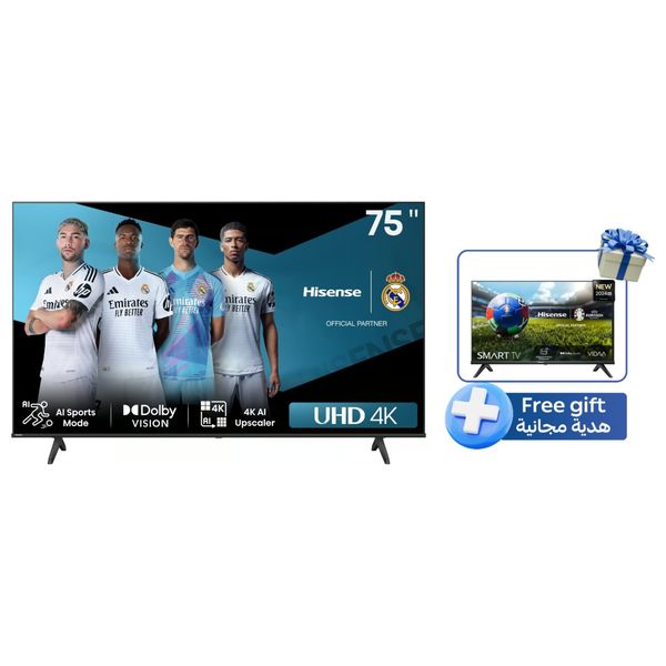  شاشة هايسنس 75-انج فئة A61N - سمارت - 4K - LED - إصدار 2024 - 60 هيرتز + شاشة هايسنس 32-انج فئة A4N - سمارت - HD - LED - إصدار 2024 