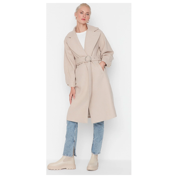 Trendyolmilla Women’s Round Belt Long Wool Cashmere Coat - Beige