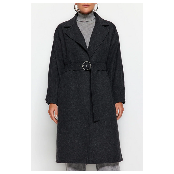 Trendyolmilla Women’s Round Belt Long Wool Cashmere Coat - Black