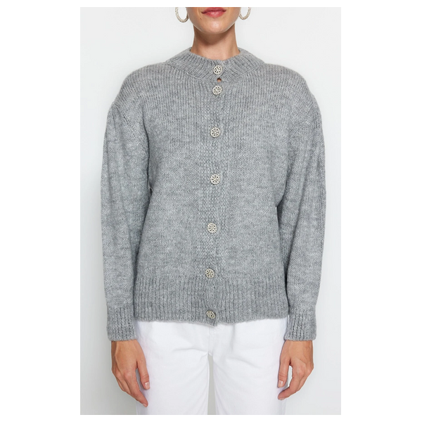Trendyolmilla Women’s Soft Textured Jewel Buttoned Knitwear Cardigan - Gray
