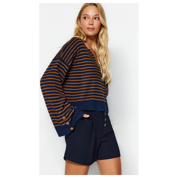 Trendyolmilla Women’s Wide Pattern Striped Knitwear Sweater - Navy