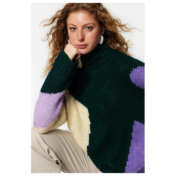 Trendyolmilla Women’s Soft Textured Color Blocked Knitwear Sweater - Emerald Green