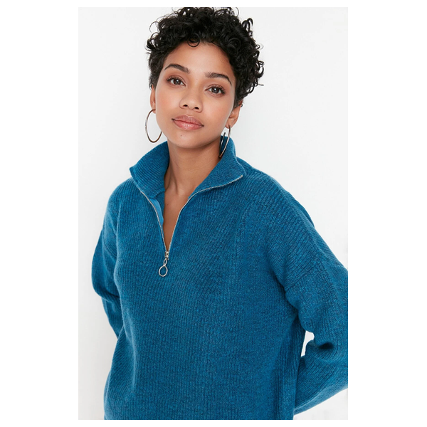 Trendyolmilla Women’s Soft Textured Zippered Knitwear Sweater - Blue