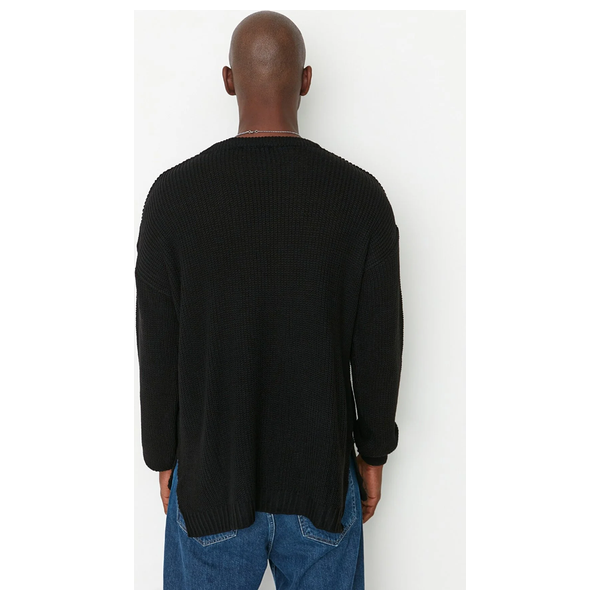 Trendyol Man Men's Oversize Fit Wide Fit Crew Neck Slit Knitwear Sweater - Black