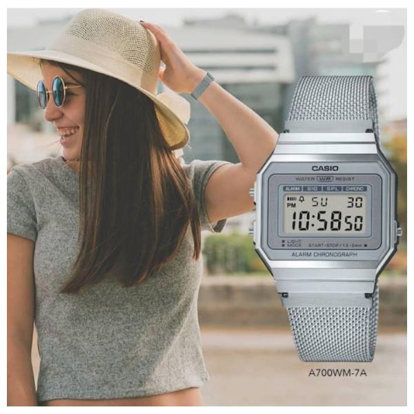  Casio Watch A700WM7ADF For Unisex - Digital Display, Stainless Steel Band - Silver 