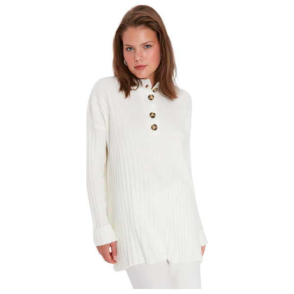 Trendyol Modest Women's Collar Buttoned Ribbed Knitwear Sweater - White