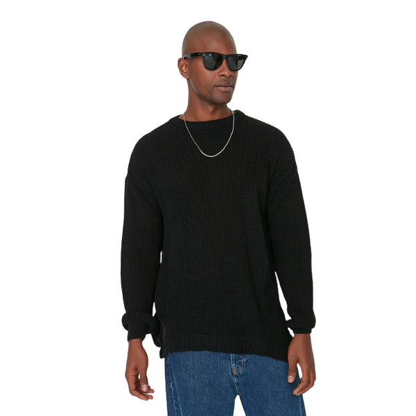 Trendyol Man Men's Oversize Fit Wide Fit Crew Neck Slit Knitwear Sweater - Black