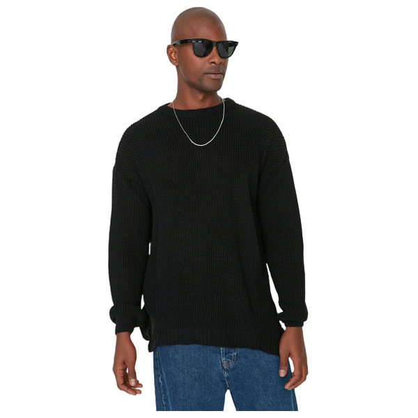 Trendyol Man Men's Oversize Fit Wide Fit Crew Neck Slit Knitwear Sweater - Black