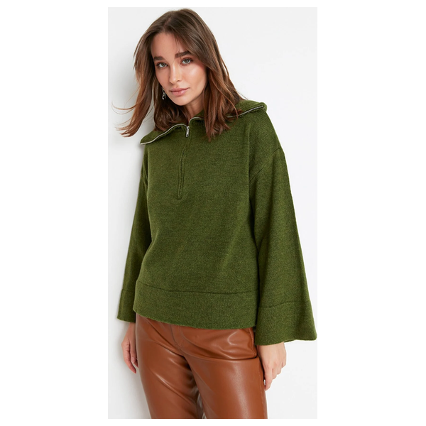 Trendyolmilla Women’s Wide Fit Soft Textured Basic Knitwear Sweater - Khaki