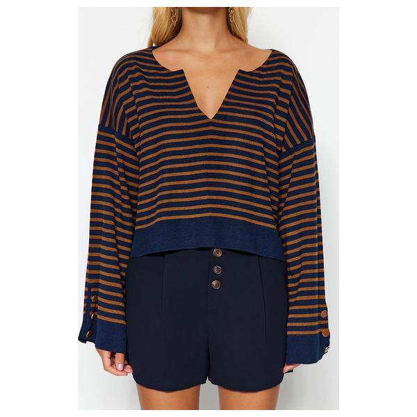 Trendyolmilla Women’s Wide Pattern Striped Knitwear Sweater - Navy